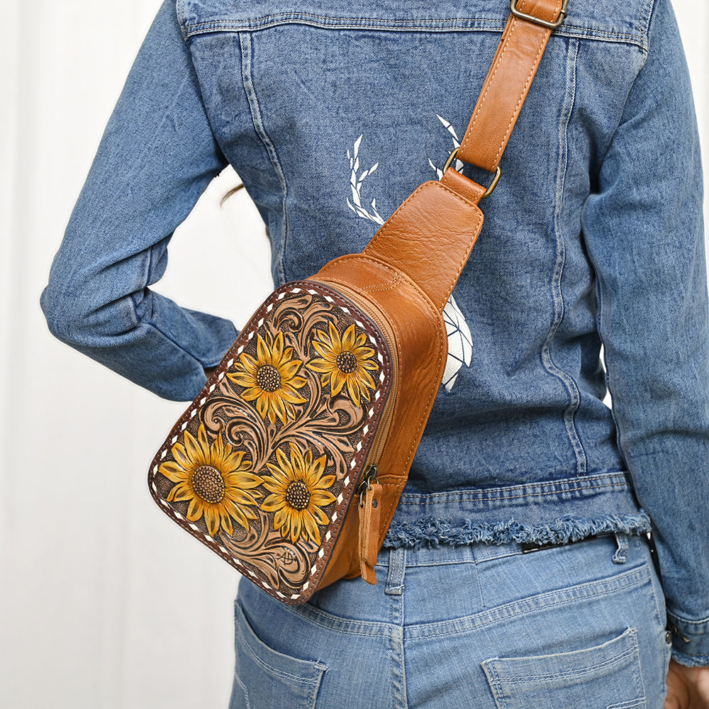 ADBG1481 American Darling Western Leather Sling Bag with Hand-Tooled Floral Carving - Genuine Leather