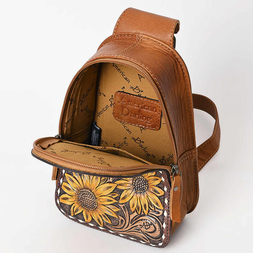 ADBG1481 American Darling Western Leather Sling Bag with Hand-Tooled Floral Carving - Genuine Leather