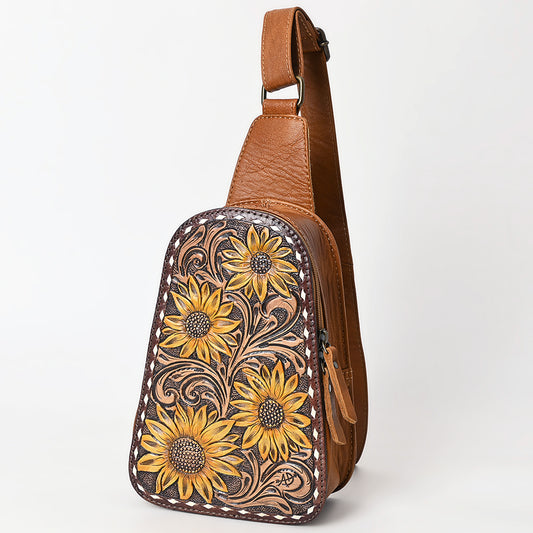 ADBG1481 American Darling Western Leather Sling Bag with Hand-Tooled Floral Carving - Genuine Leather