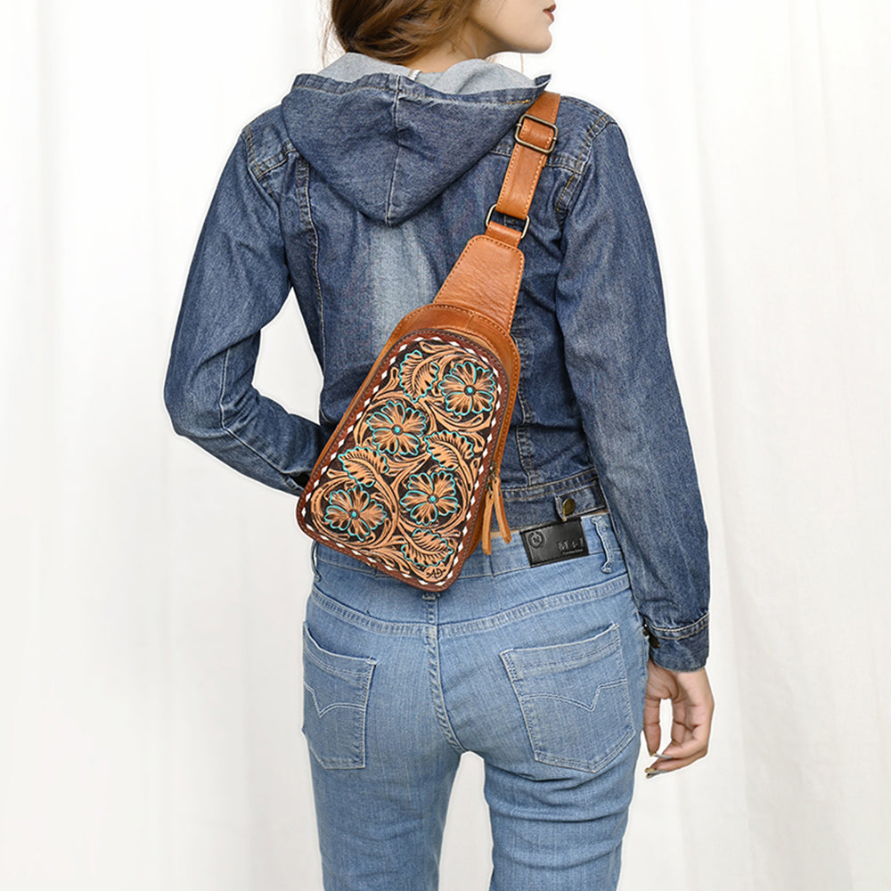 ADBG1481 American Darling Western Leather Sling Bag with Hand-Tooled Floral Carving - Genuine Leather
