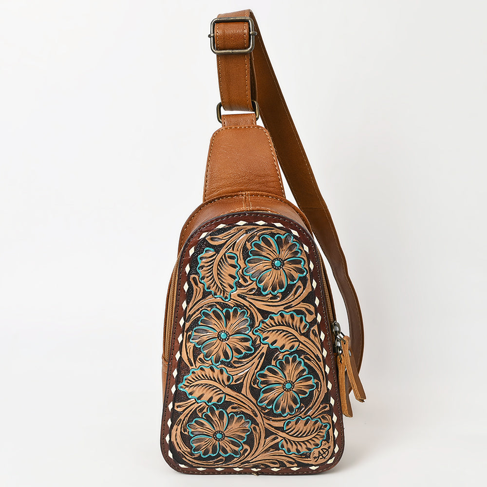 ADBG1481 American Darling Western Leather Sling Bag with Hand-Tooled Floral Carving - Genuine Leather