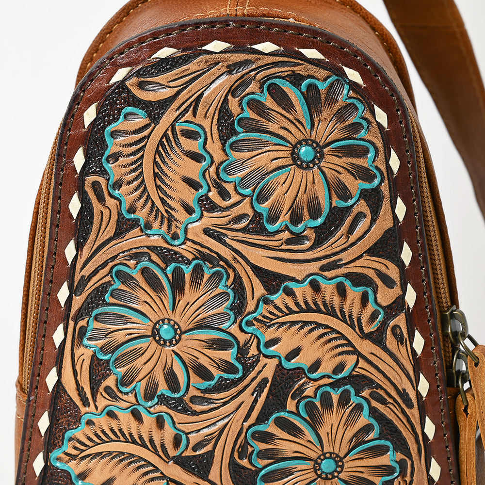 ADBG1481 American Darling Western Leather Sling Bag with Hand-Tooled Floral Carving - Genuine Leather