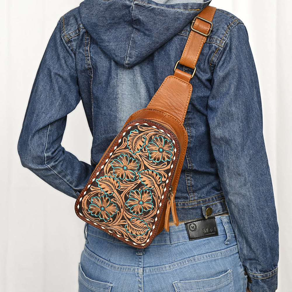 ADBG1481 American Darling Western Leather Sling Bag with Hand-Tooled Floral Carving - Genuine Leather