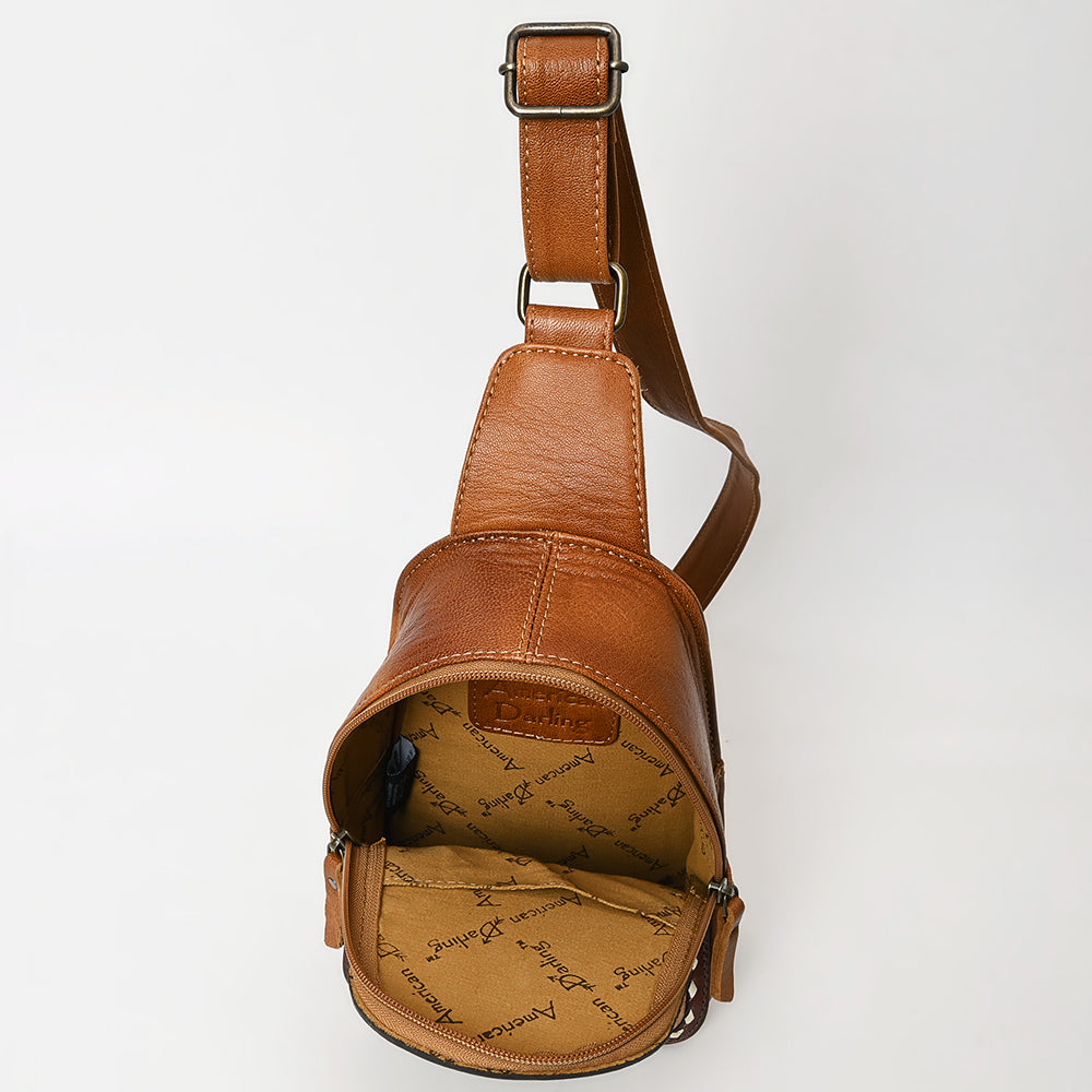 ADBG1481 American Darling Western Leather Sling Bag with Hand-Tooled Floral Carving - Genuine Leather