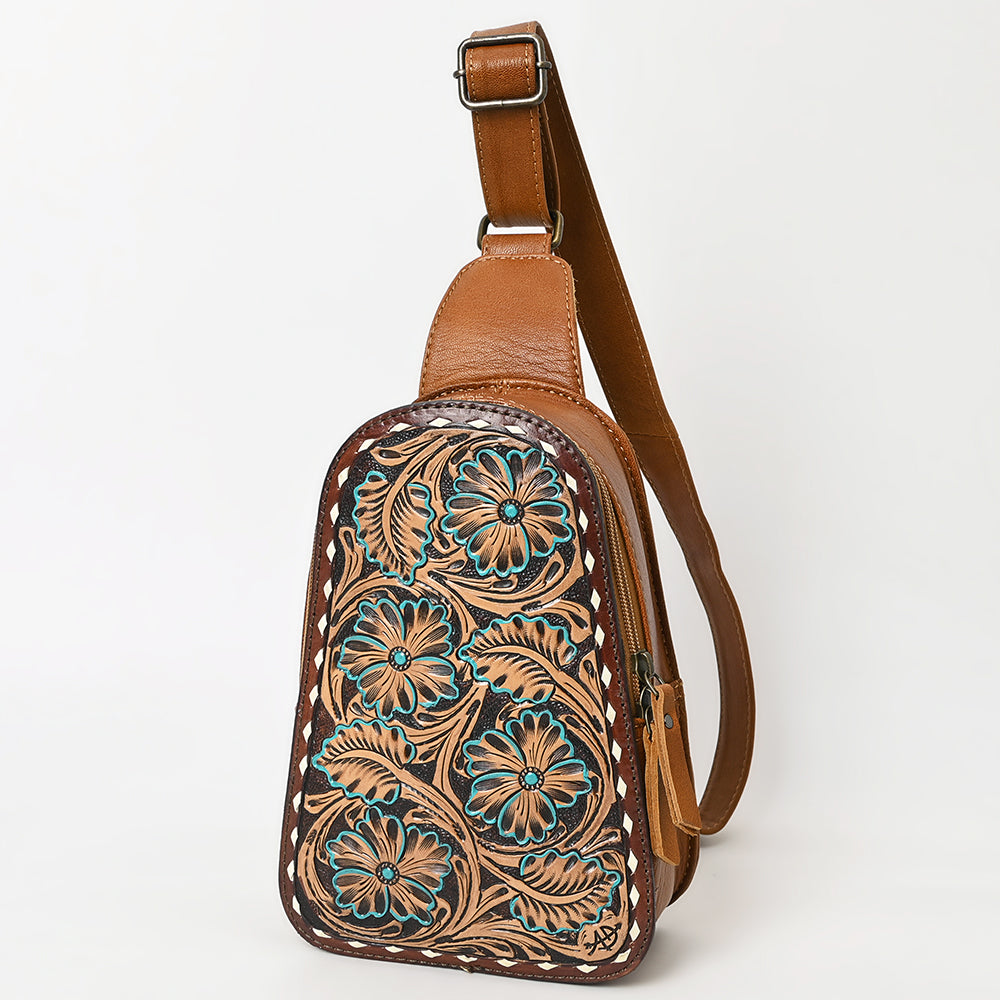 ADBG1481 American Darling Western Leather Sling Bag with Hand-Tooled Floral Carving - Genuine Leather