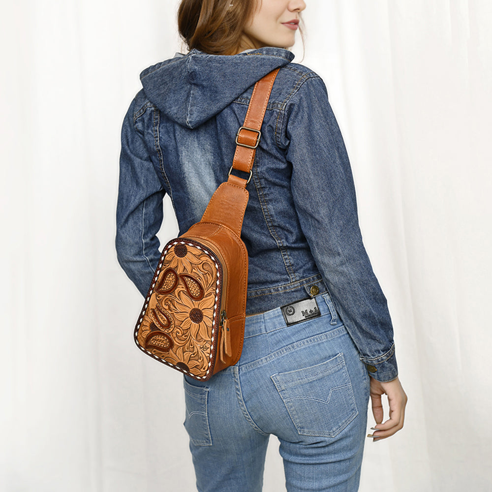 ADBG1481 American Darling Western Leather Sling Bag with Hand-Tooled Floral Carving - Genuine Leather