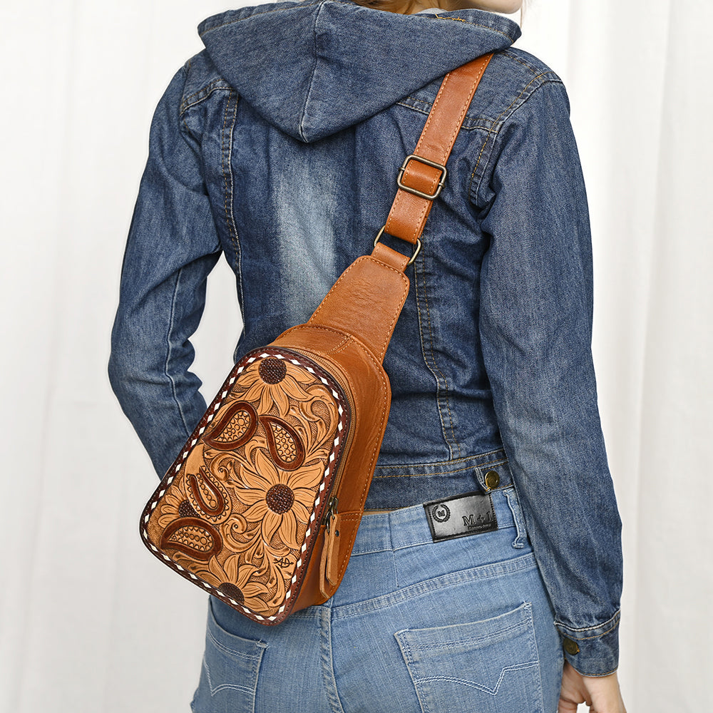 ADBG1481 American Darling Western Leather Sling Bag with Hand-Tooled Floral Carving - Genuine Leather