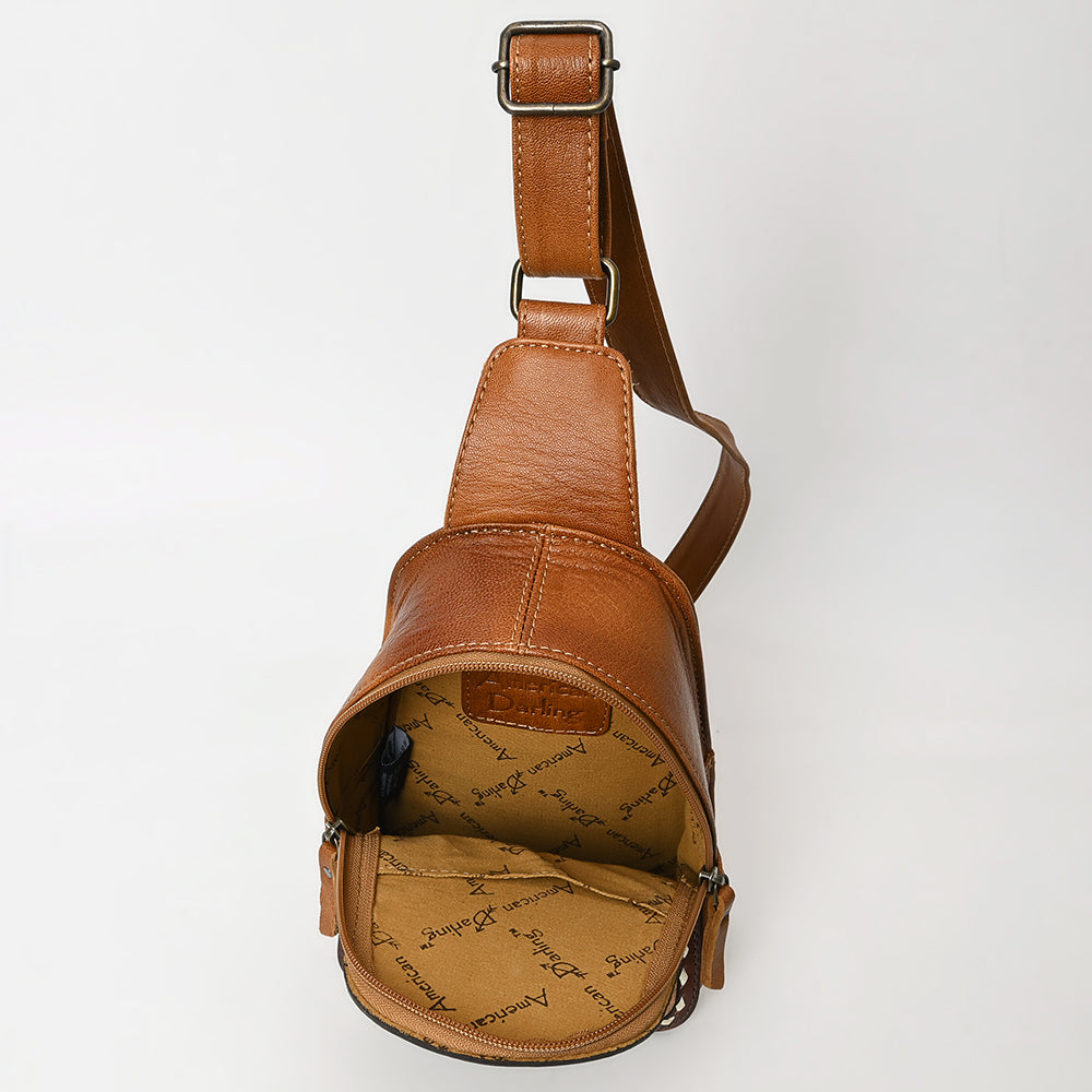 ADBG1481 American Darling Western Leather Sling Bag with Hand-Tooled Floral Carving - Genuine Leather