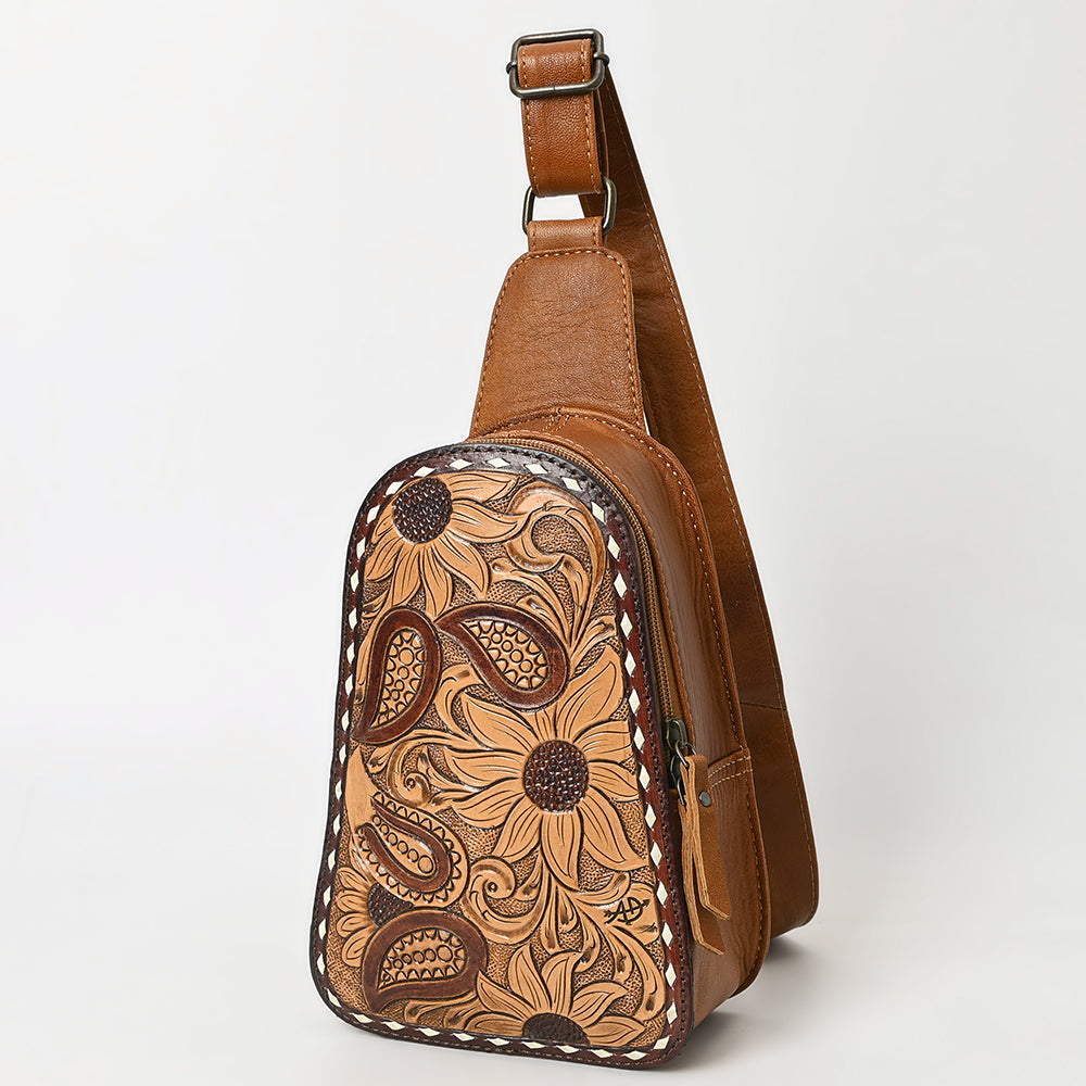 ADBG1481 American Darling Western Leather Sling Bag with Hand-Tooled Floral Carving - Genuine Leather