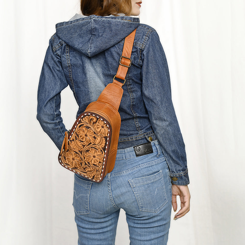ADBG1481 American Darling Western Leather Sling Bag with Hand-Tooled Floral Carving - Genuine Leather