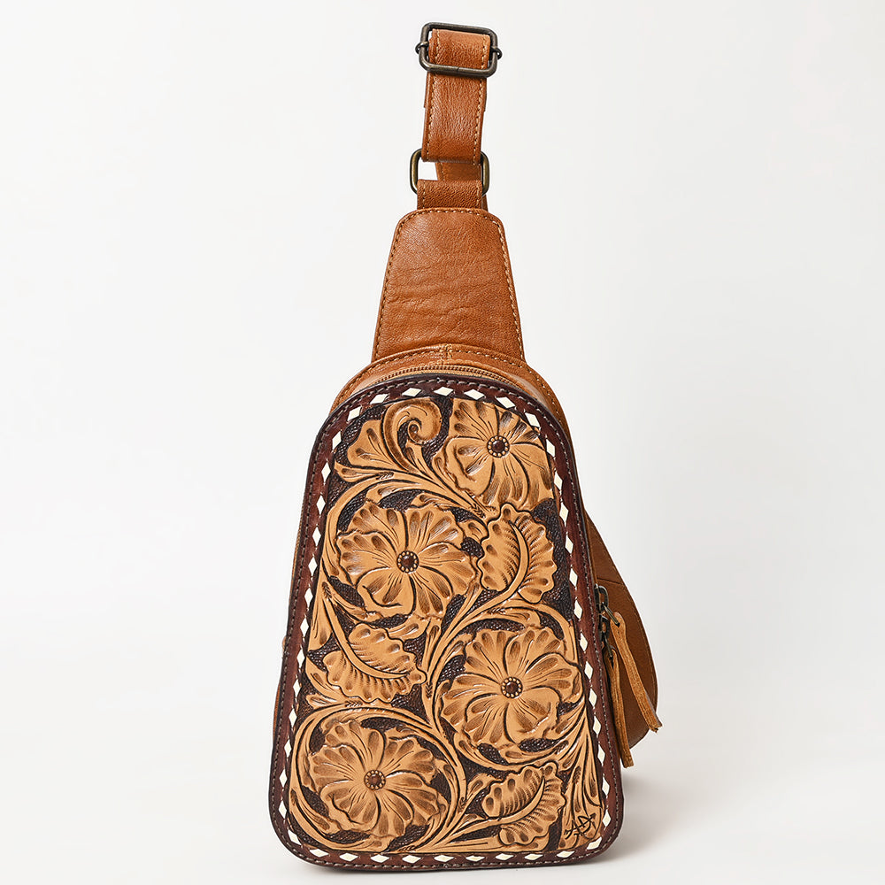 ADBG1481 American Darling Western Leather Sling Bag with Hand-Tooled Floral Carving - Genuine Leather