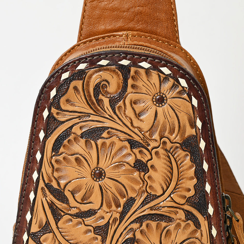 ADBG1481 American Darling Western Leather Sling Bag with Hand-Tooled Floral Carving - Genuine Leather