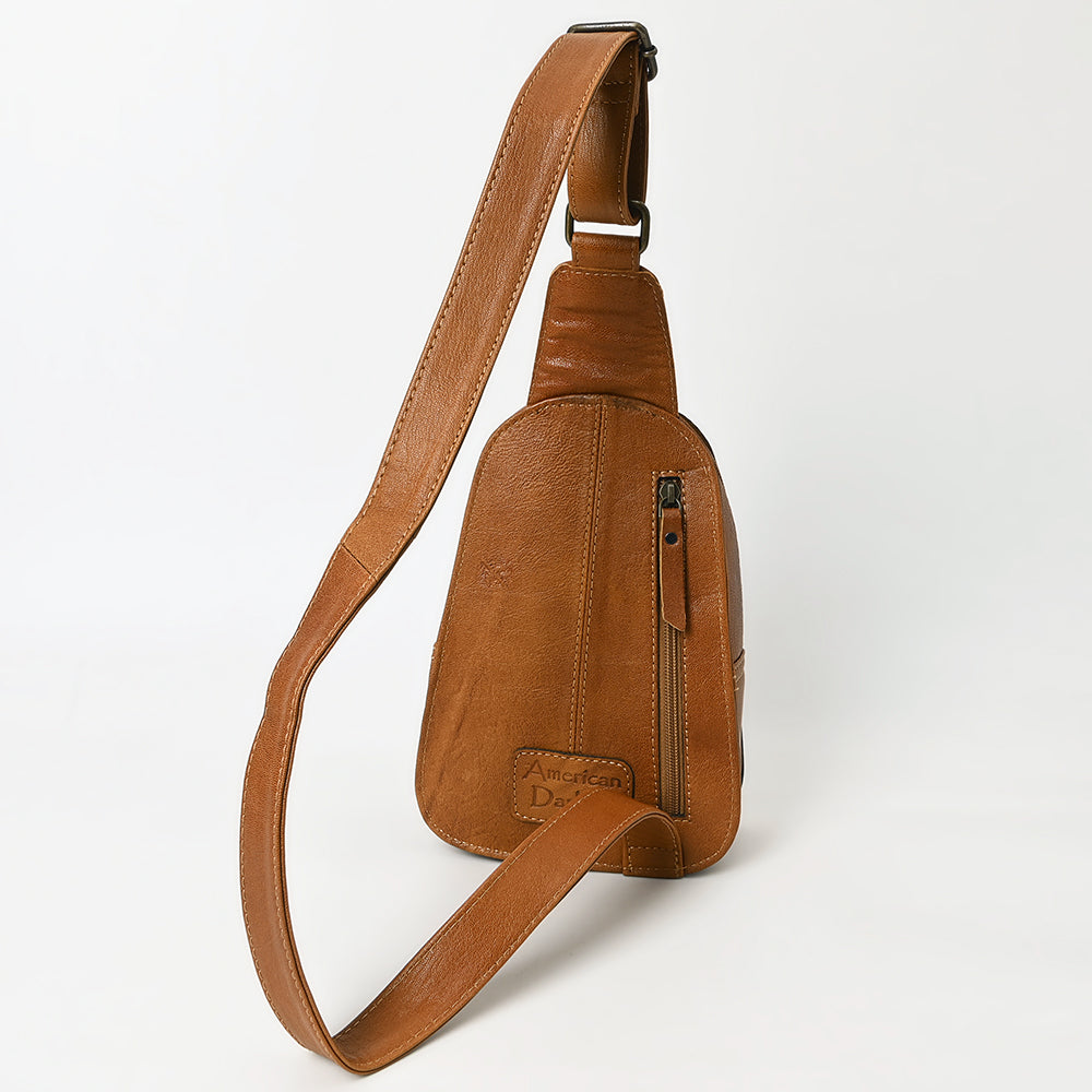 ADBG1481 American Darling Western Leather Sling Bag with Hand-Tooled Floral Carving - Genuine Leather