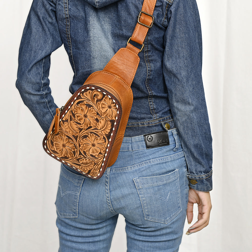 ADBG1481 American Darling Western Leather Sling Bag with Hand-Tooled Floral Carving - Genuine Leather