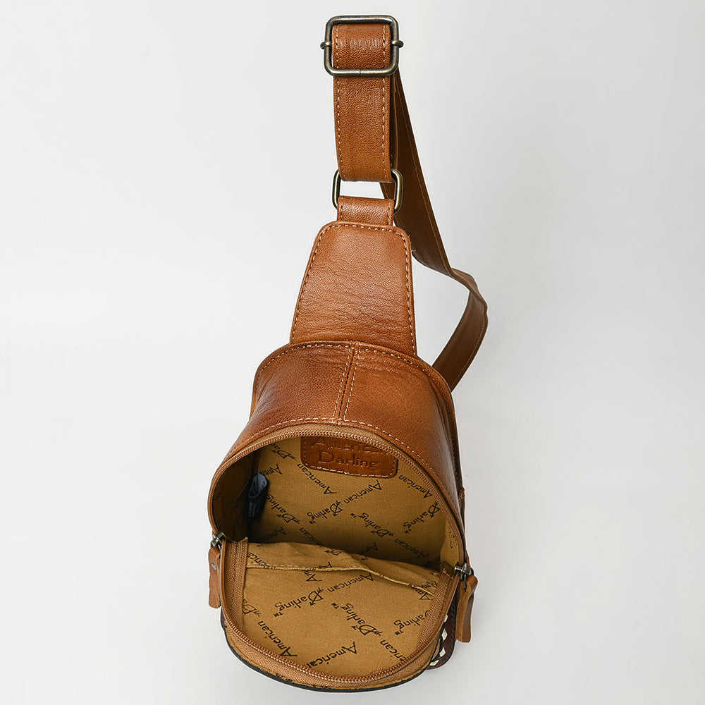 ADBG1481 American Darling Western Leather Sling Bag with Hand-Tooled Floral Carving - Genuine Leather