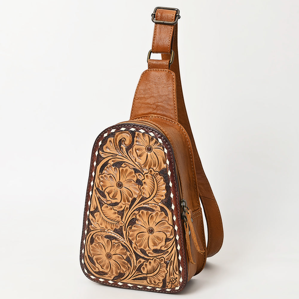ADBG1481 American Darling Western Leather Sling Bag with Hand-Tooled Floral Carving - Genuine Leather