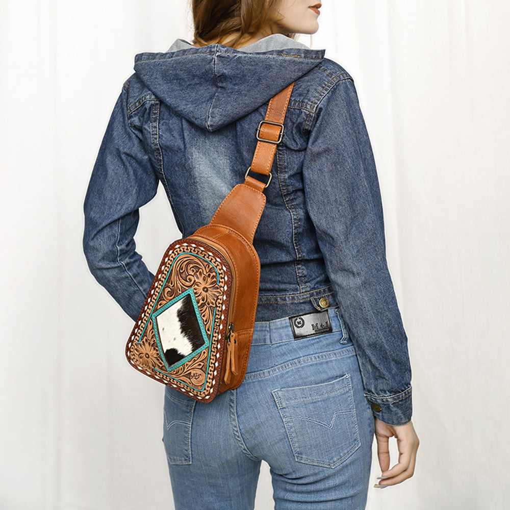 ADBG1481 American Darling Western Leather Sling Bag with Hand-Tooled Floral Carving - Genuine Leather