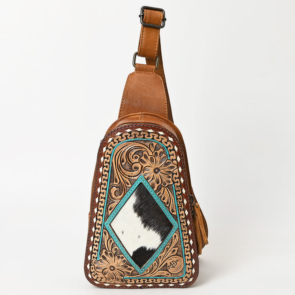 ADBG1481 American Darling Western Leather Sling Bag with Hand-Tooled Floral Carving - Genuine Leather