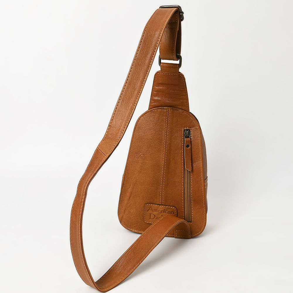 ADBG1481 American Darling Western Leather Sling Bag with Hand-Tooled Floral Carving - Genuine Leather
