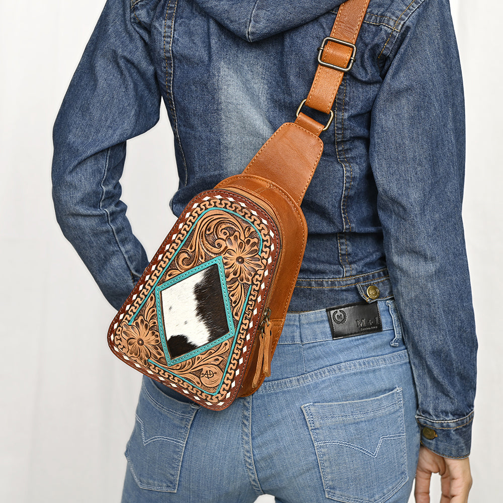 ADBG1481 American Darling Western Leather Sling Bag with Hand-Tooled Floral Carving - Genuine Leather