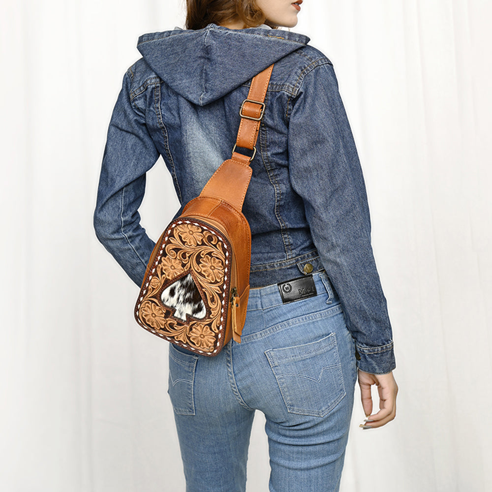 ADBG1481 American Darling Western Leather Sling Bag with Hand-Tooled Floral Carving - Genuine Leather