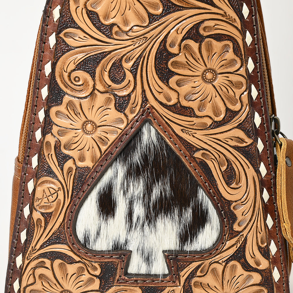 ADBG1481 American Darling Western Leather Sling Bag with Hand-Tooled Floral Carving - Genuine Leather