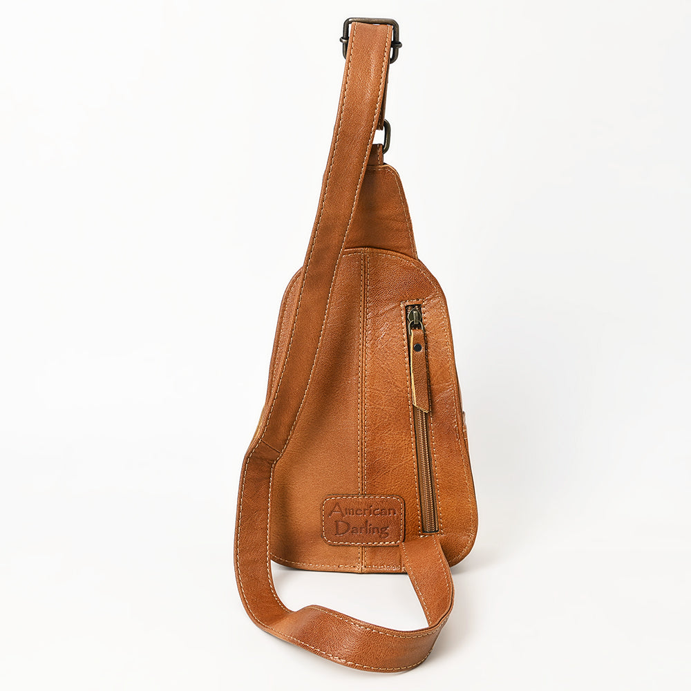 ADBG1481 American Darling Western Leather Sling Bag with Hand-Tooled Floral Carving - Genuine Leather