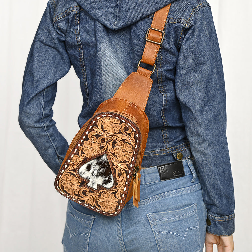 ADBG1481 American Darling Western Leather Sling Bag with Hand-Tooled Floral Carving - Genuine Leather