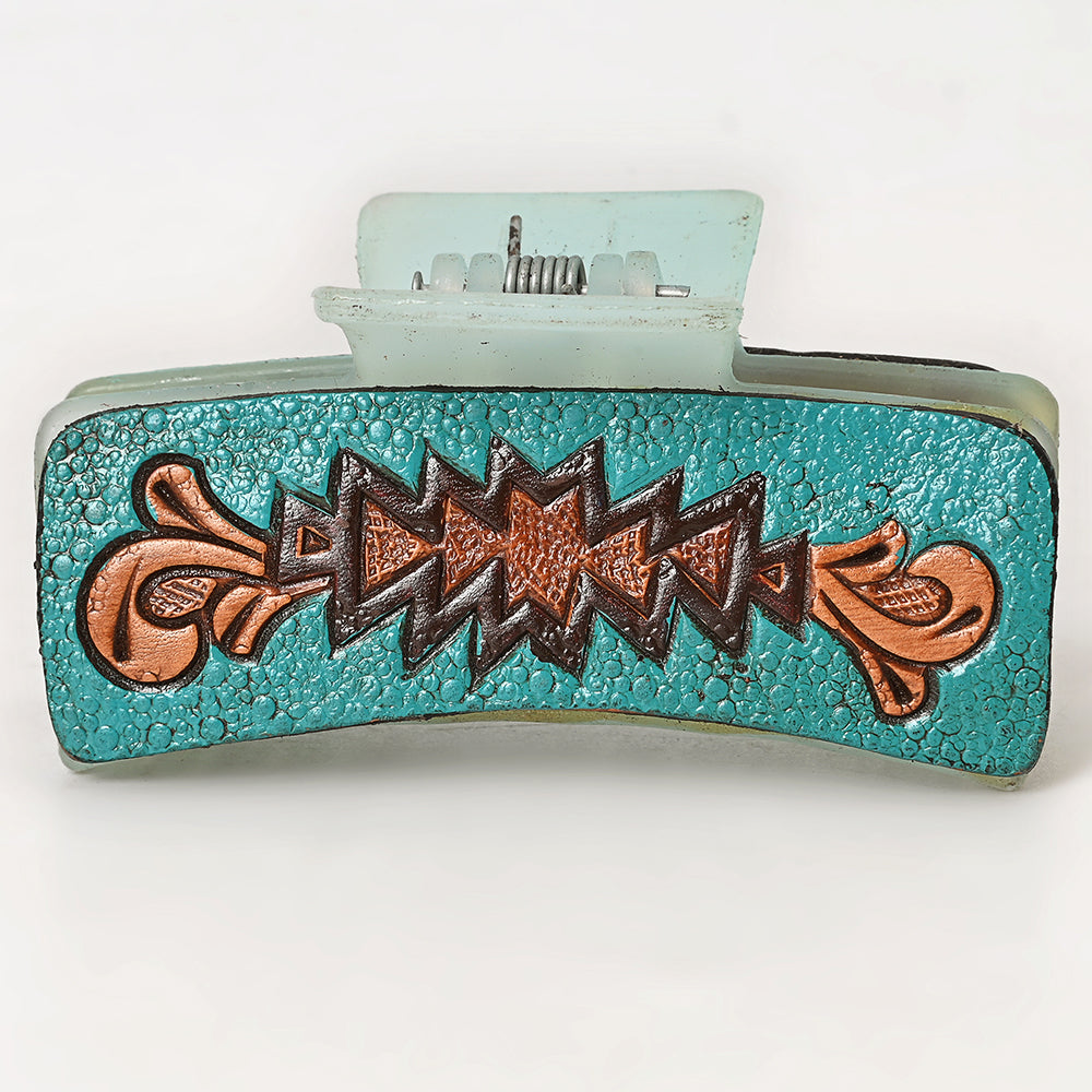 ADHC101 Turquoise Tooled Leather Hair Claw Clip - Western Aztec by American Darling