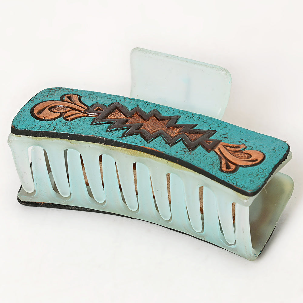 ADHC101 Turquoise Tooled Leather Hair Claw Clip - Western Aztec by American Darling