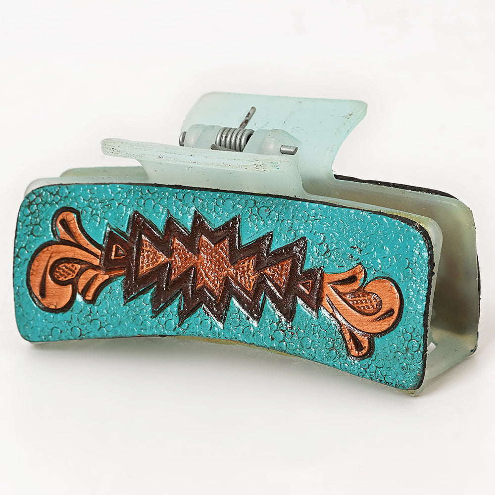 ADHC101 Turquoise Tooled Leather Hair Claw Clip - Western Aztec by American Darling