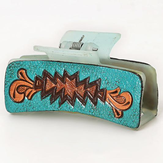 ADHC101 Turquoise Tooled Leather Hair Claw Clip - Western Aztec by American Darling