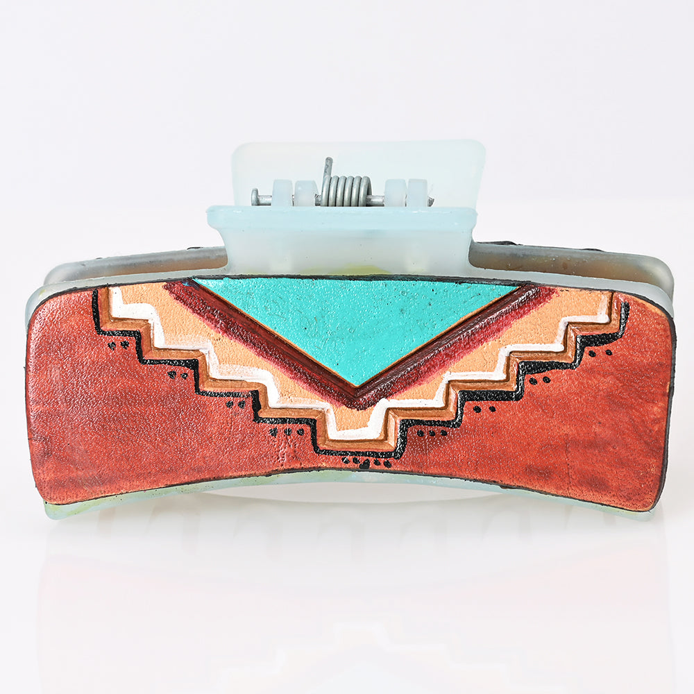 ADHC104 Southwestern Turquoise & Rust Leather Hair Band Clip Clutcher - Hand-Painted by American Darling