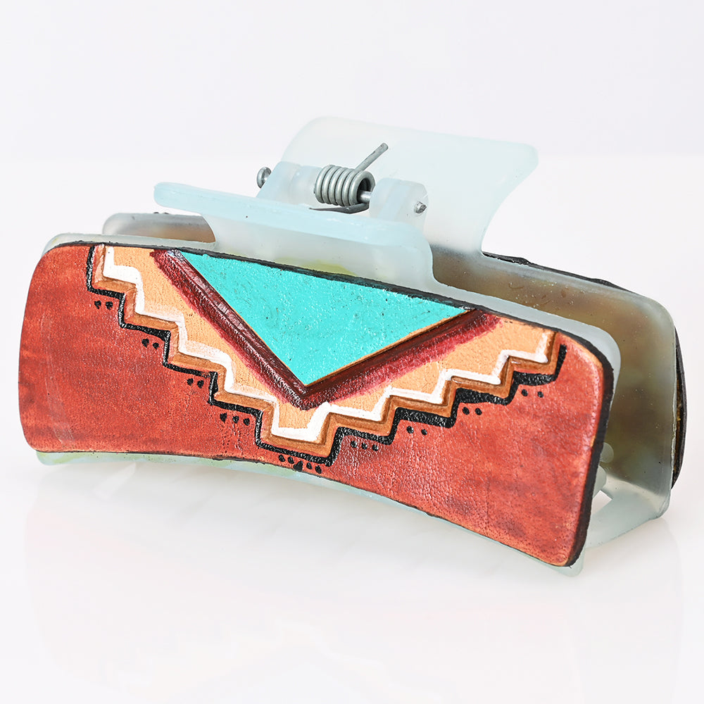 ADHC104 Southwestern Turquoise & Rust Leather Hair Band Clip Clutcher - Hand-Painted by American Darling