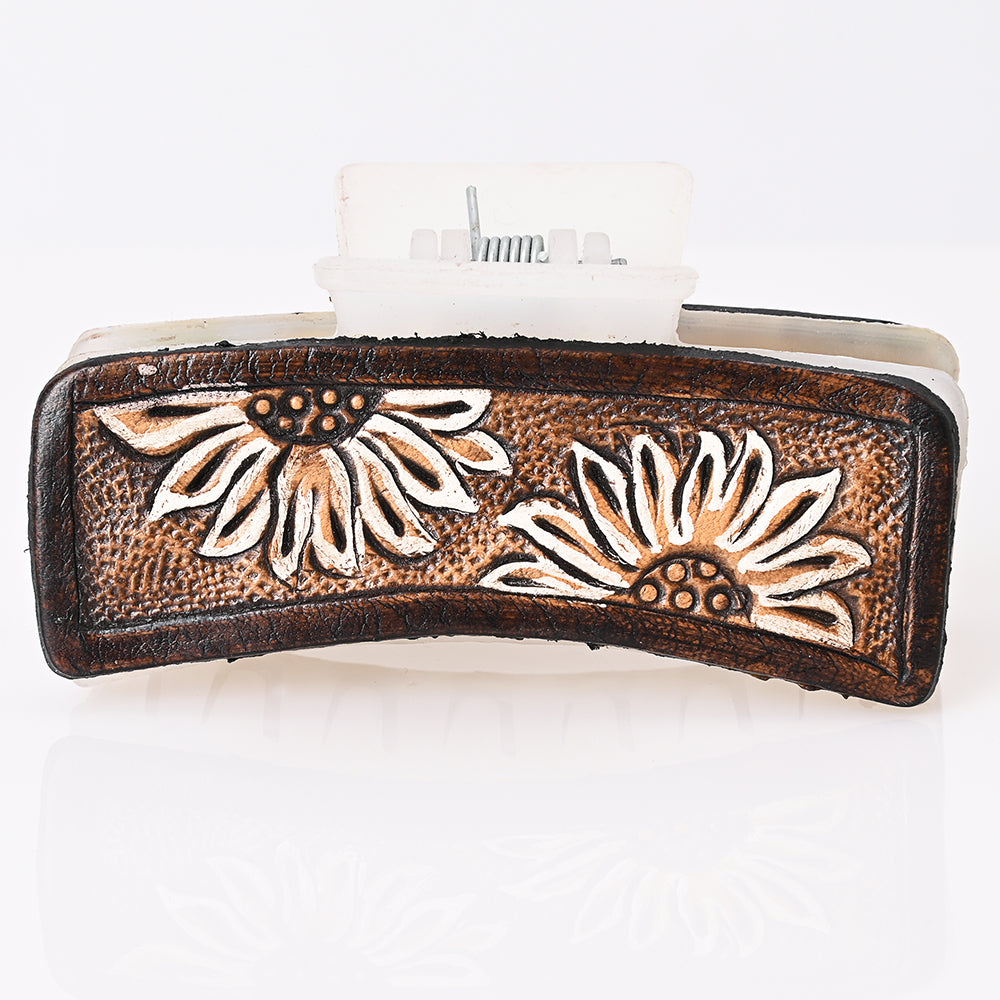 ADHC105 Sunflower Hand-Tooled Leather Hair Band Clip Clutcher - Rustic White & Brown | American Darling