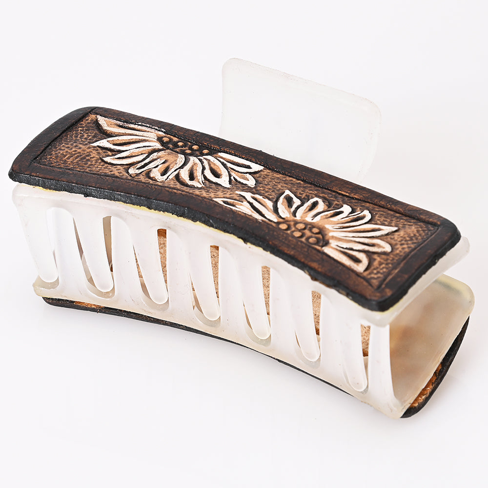ADHC105 Sunflower Hand-Tooled Leather Hair Band Clip Clutcher - Rustic White & Brown | American Darling