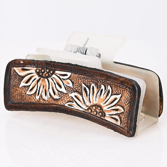 ADHC105 Sunflower Hand-Tooled Leather Hair Band Clip Clutcher - Rustic White & Brown | American Darling