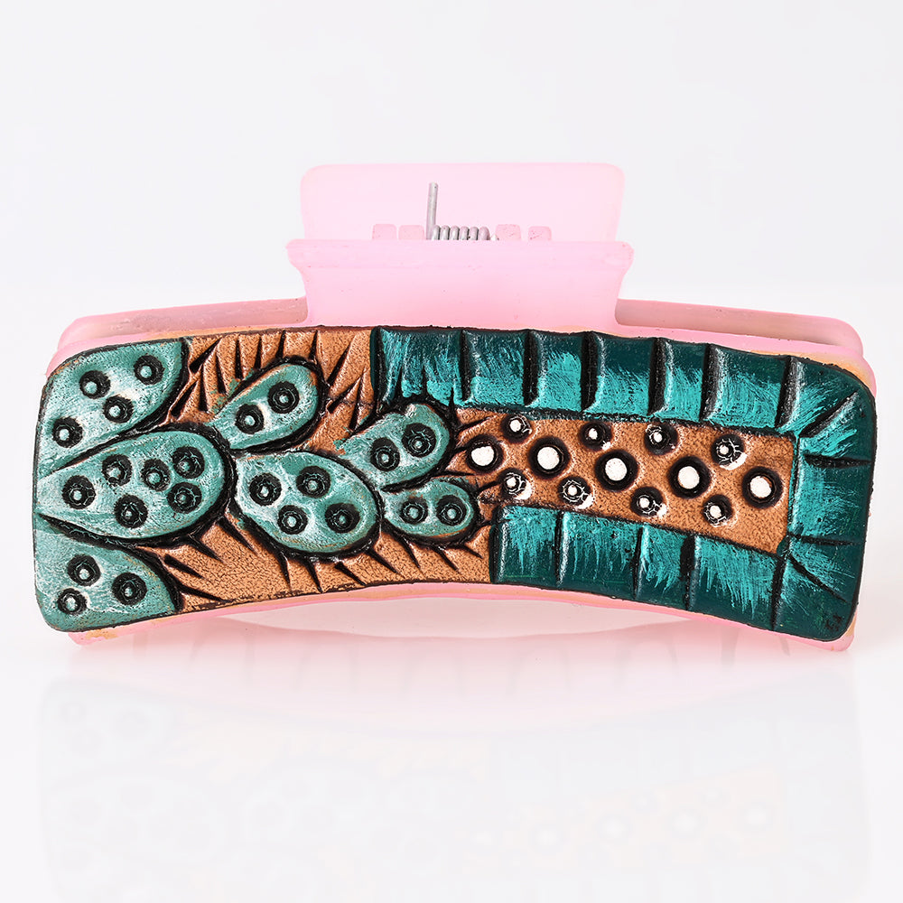 ADHC108 Cactus & Turquoise Studded Leather Hair Band Clip Clutcher - Pink Base | American Darling
