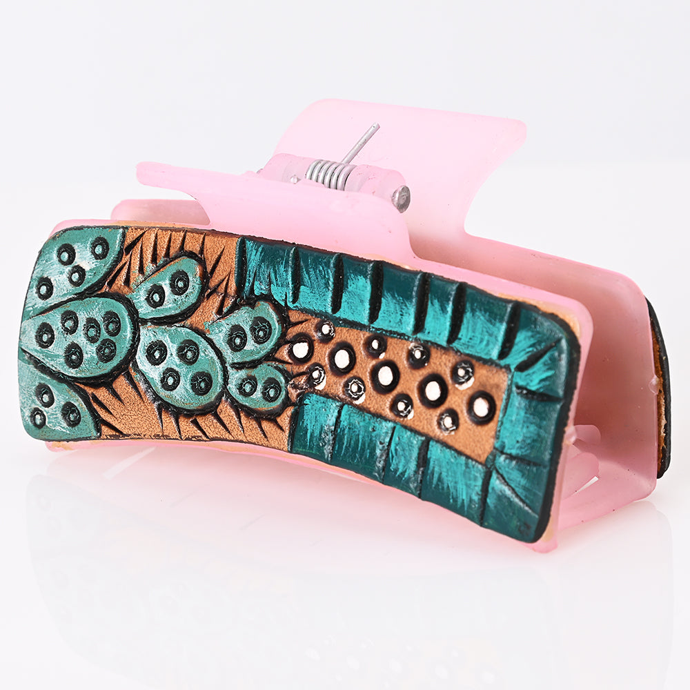 ADHC108 Cactus & Turquoise Studded Leather Hair Band Clip Clutcher - Pink Base | American Darling