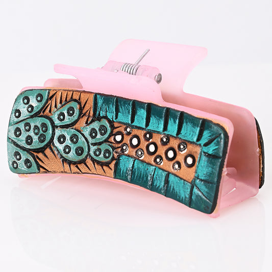 ADHC108 Cactus & Turquoise Studded Leather Hair Band Clip Clutcher - Pink Base | American Darling