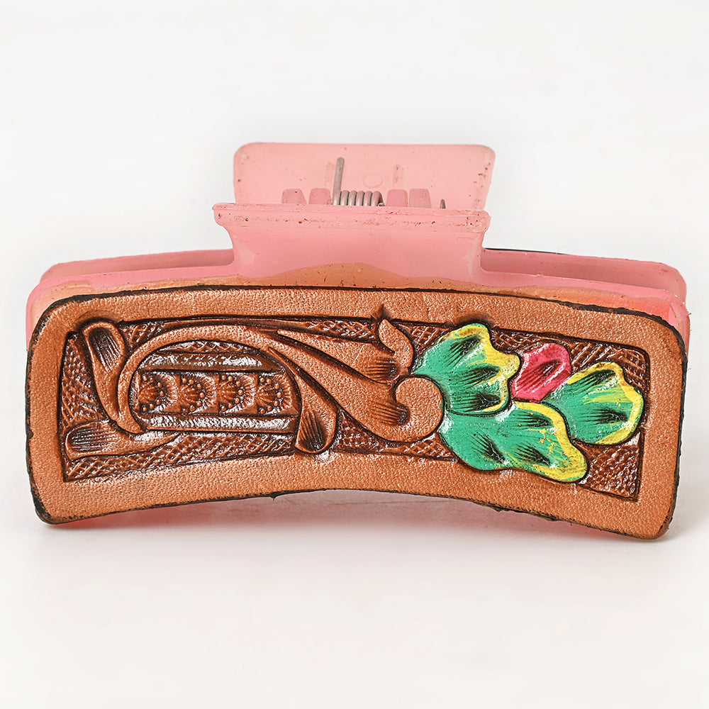 ADHC109 Hand-Tooled Leather Floral Hair Band Clip Clutcher - Pink Base | American Darling