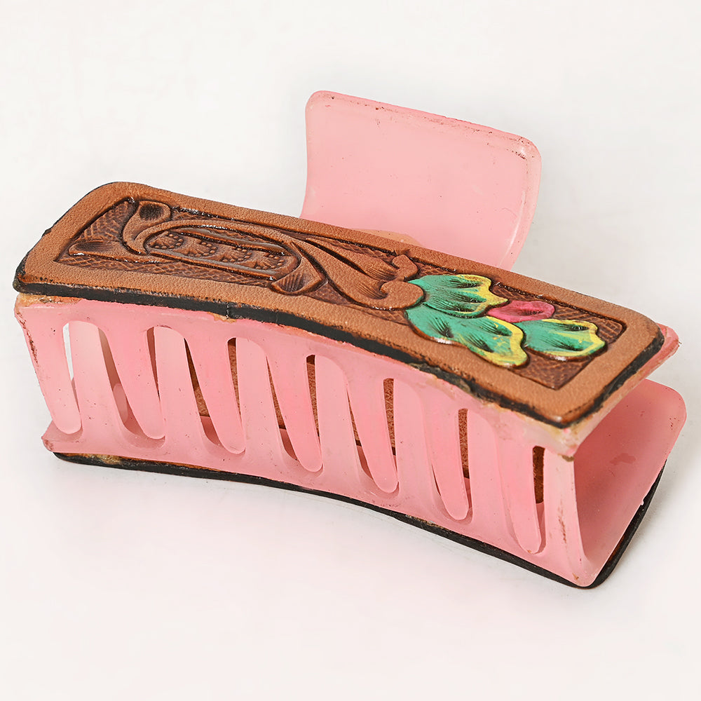 ADHC109 Hand-Tooled Leather Floral Hair Band Clip Clutcher - Pink Base | American Darling