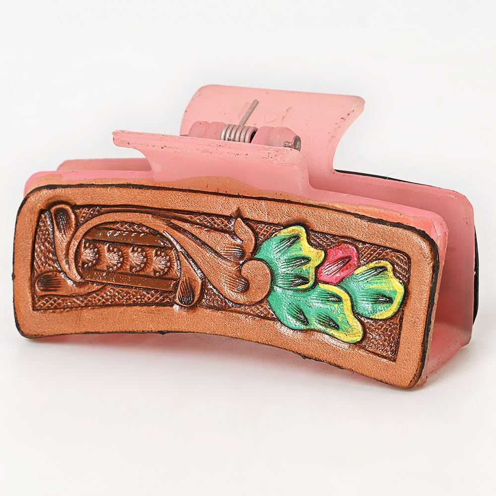 ADHC109 Hand-Tooled Leather Floral Hair Band Clip Clutcher - Pink Base | American Darling