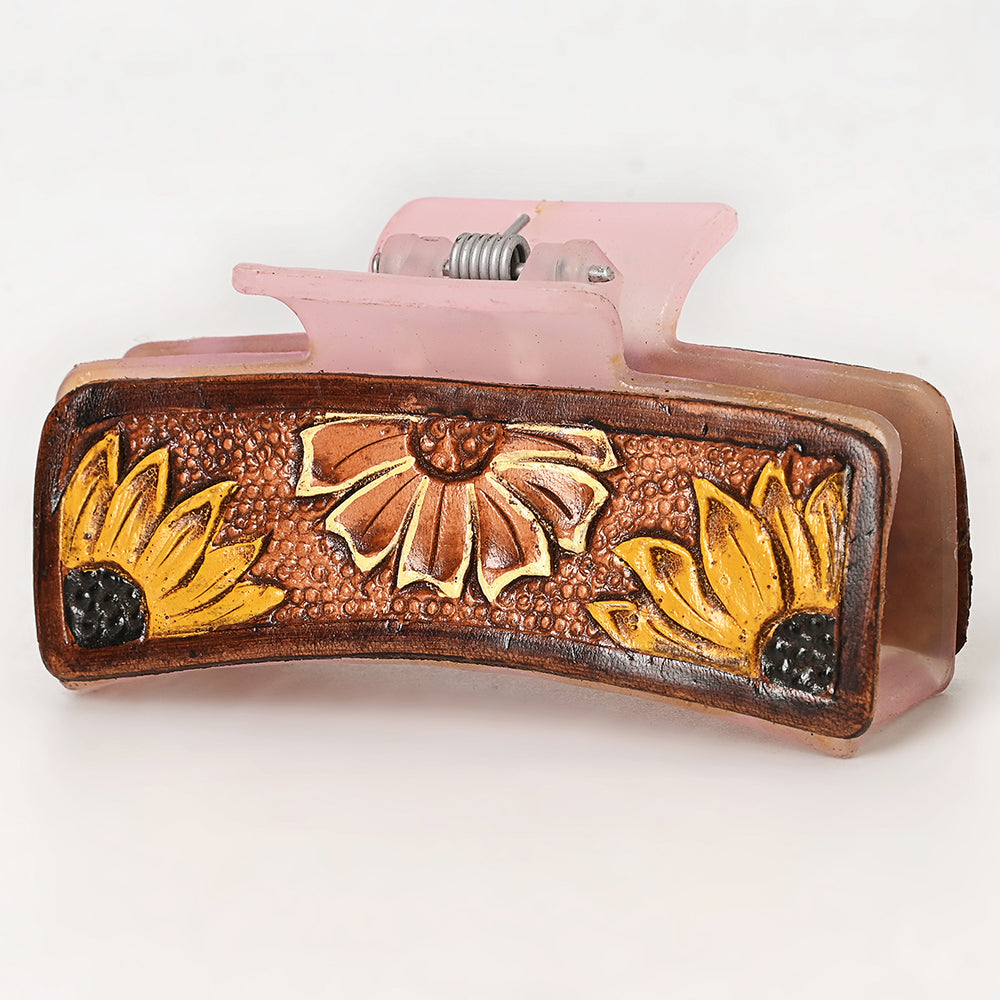 ADHC112 Hand-Tooled Leather Sunflower Hair Band Clip Clutcher - Cowgirl Bloom | American Darling