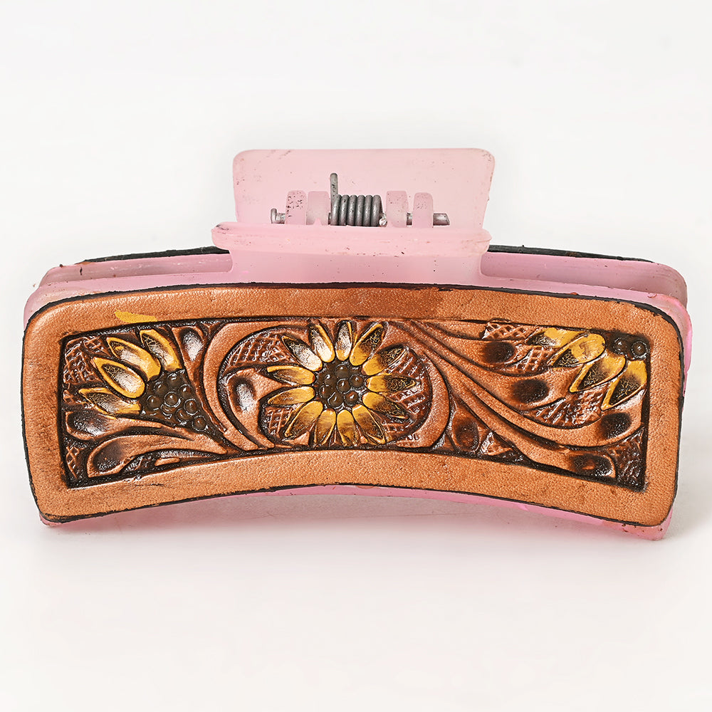 ADHC113 Sunflower Vine Pink Hair Band Clip Clutcher - Hand Tooled Leather | American Darling