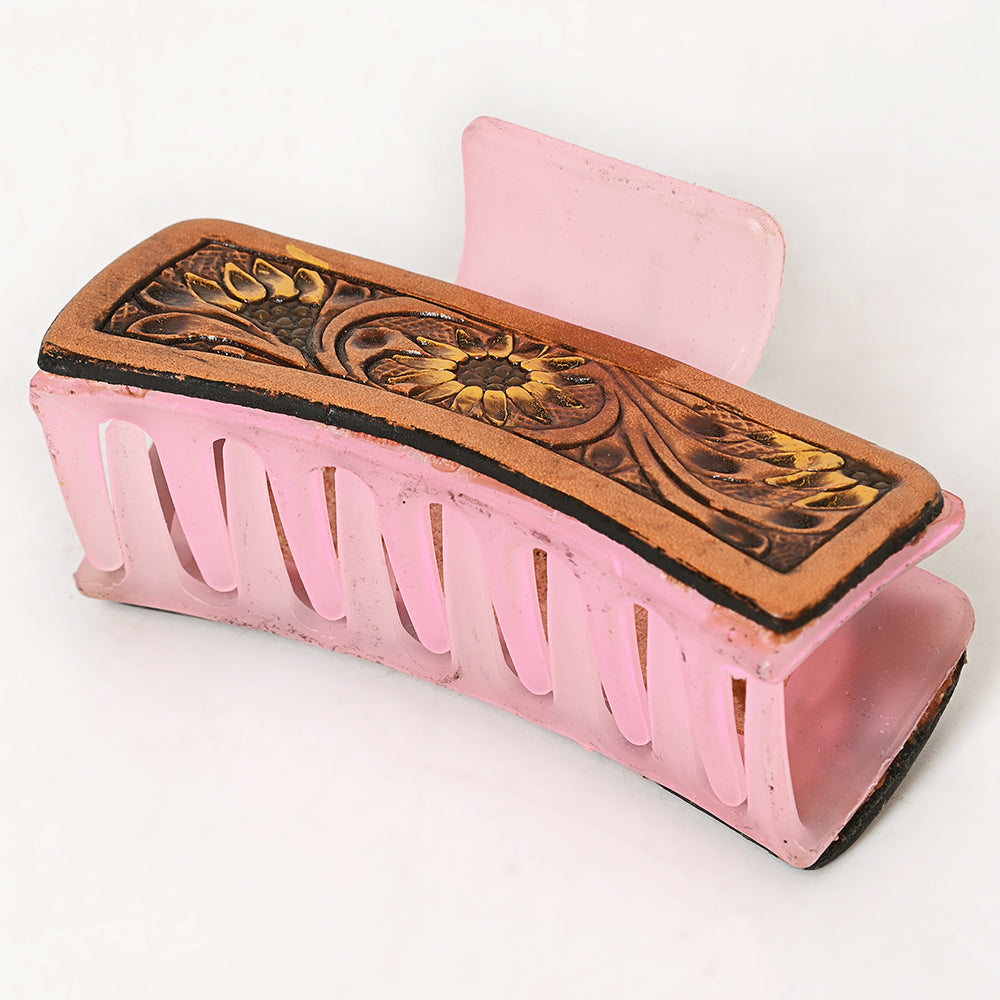 ADHC113 Sunflower Vine Pink Hair Band Clip Clutcher - Hand Tooled Leather | American Darling