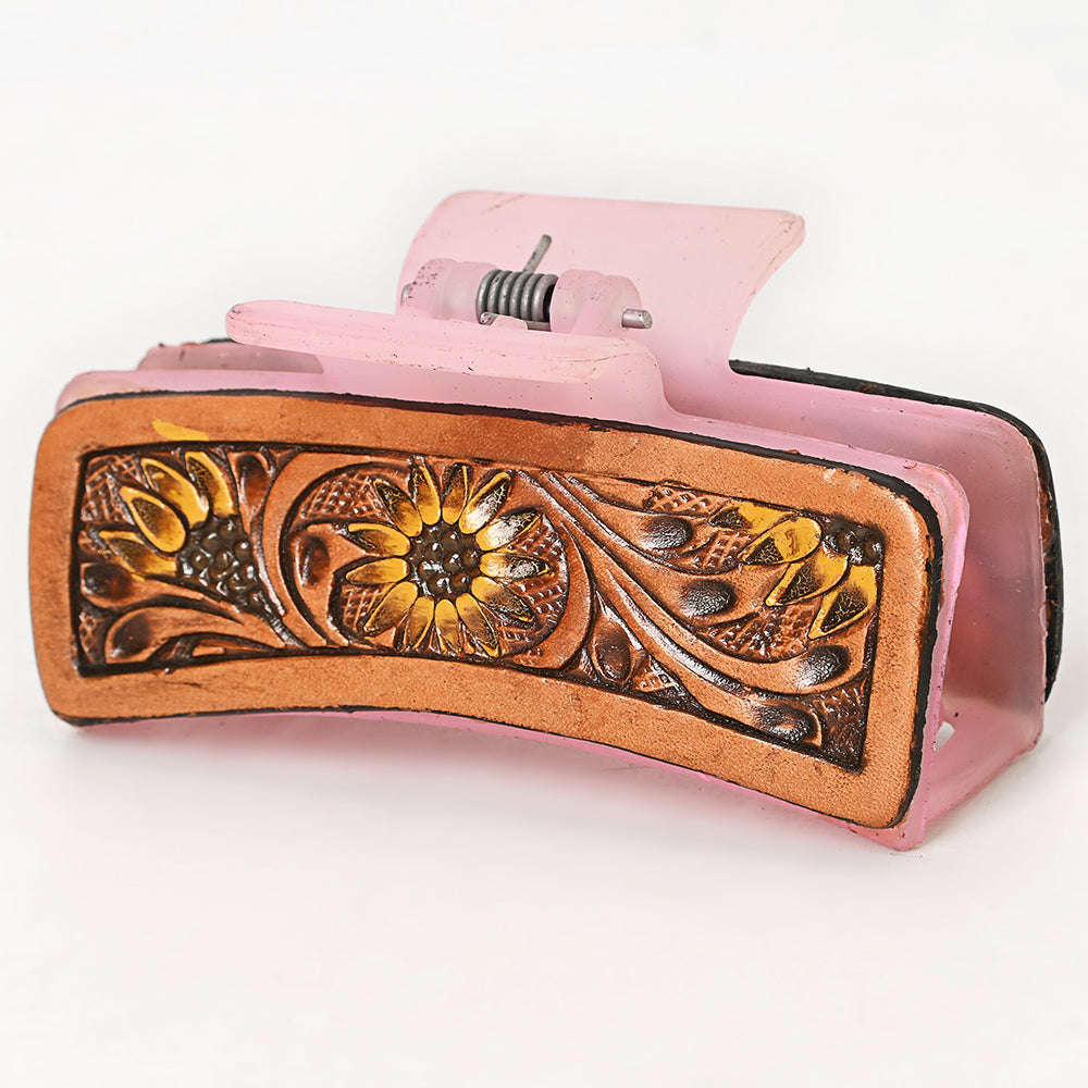 ADHC113 Sunflower Vine Pink Hair Band Clip Clutcher - Hand Tooled Leather | American Darling