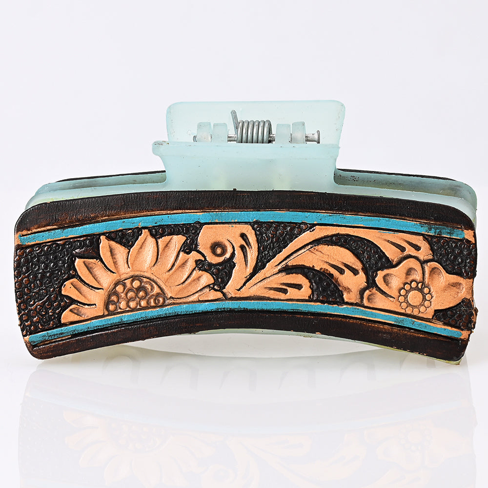 ADHC114 Turquoise Bloom Hair Band Clip Clutcher - Hand Tooled Leather | American Darling
