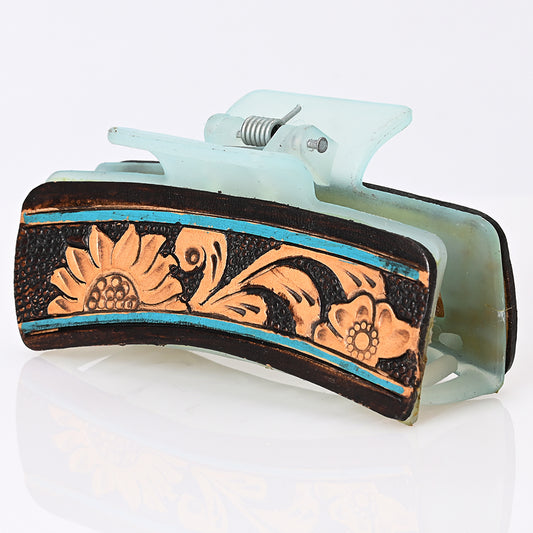 ADHC114 Turquoise Bloom Hair Band Clip Clutcher - Hand Tooled Leather | American Darling