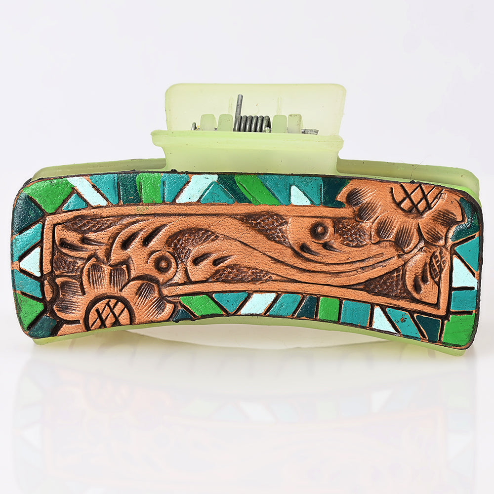 ADHC115 Green Mosaic Leather Hair Band Clip Clutcher - Hand Tooled Floral Design | American Darling